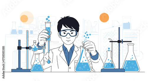 A young scientist conducting a colorful chemical experiment with bubbling liquids in a laboratory setting.