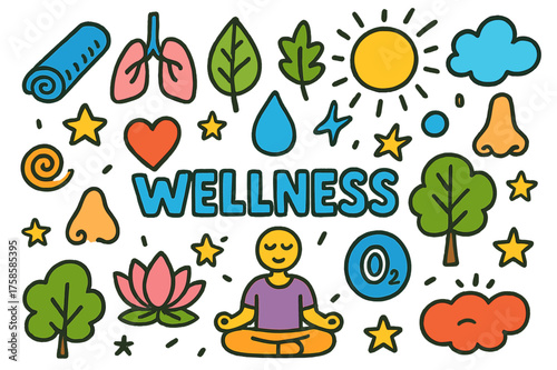 Colorful Wellness Doodles. Wellness. Colorful Hand-drawn doodle Children illustration Yoga mat, lungs, leaf, heart, sun, water drop, tree, cloud, nose, lotus