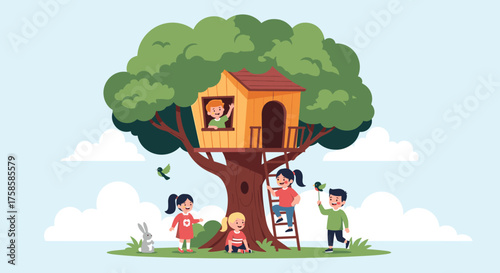 A group of happy children playing in and around a wooden treehouse on a sunny day with fluffy clouds in the background.