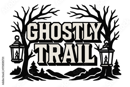 Ghostly Trail Typography. Ghostly Trail ? Bold Block Lettering, stacked uppercase with chunky geometric serifs, heavy outline and flat 3D shading, framed by