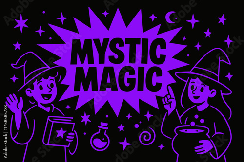 MysticMagic Spellbound Banner. MysticMagic banner, flat vector illustration, bold oversized text inside splash explosion shape, cartoon characters waving and