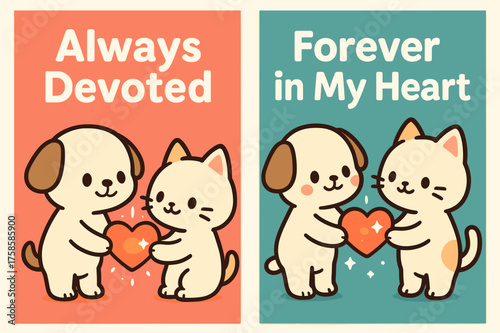 Kawaii Heart Exchange. Devotion. Two vertical A6 banners, kawaii, coral and teal backgrounds, cute characters exchanging a glowing heart with sparkles, first