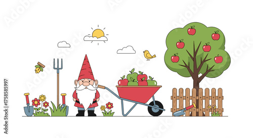 A cheerful garden gnome is collecting a bountiful harvest of apples from a fruitful tree.