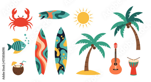 Tropical beach vacation and summer holiday elements collection.