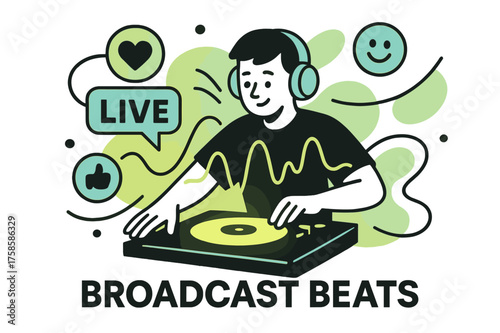 Broadcast Beats. Music and social media. Character live streaming glowing music set with floating abstract