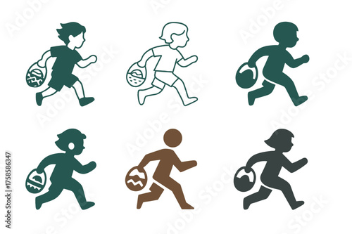 Easter Logo Variations. Easter egg hunts and party games. Set Logo of Easter egg hunts and party games: Child with wicker basket mid-run. harmonious logo