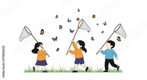 Children enjoying a sunny day outdoors catching colorful butterflies with nets in a grassy field.