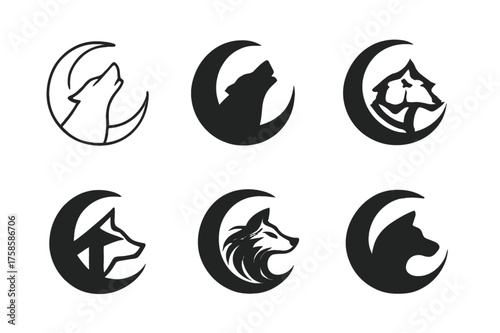Werewolf Logos Variations. Werewolves. Set Logo of Werewolves: Crescent Moon with Wolf. harmonious logo variations of the same emblematic concept, each with