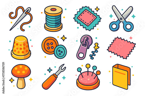 Colorful Clothing Icons. Colorful isometric vector icons set of clothing maintenance: sewing needle, thread spool, patch on fabric, scissors, thimble, buttons,