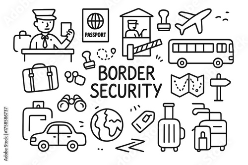 Border Security Doodles. Border security. Hand-drawn doodle illustration of Border security. Customs officer,