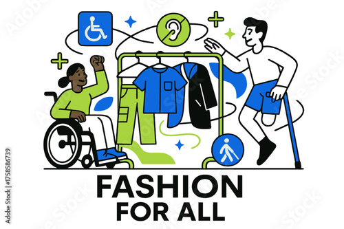Adaptive Fashion Display. Inclusive fashion for people with disabilities. Abstract glowing clothing rack with