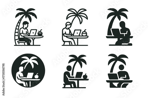 Freelancer Tropical Logos. Freelancer working from a tropical location. Set Logo of Freelancer working from a tropical location: Beachside cafe table with