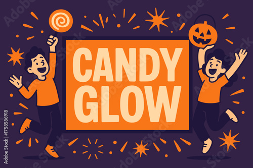 CandyGlow Celebration Banner. CandyGlow banner, flat vector illustration, bold oversized text inside rectangular frame, cartoon characters jumping and cheering