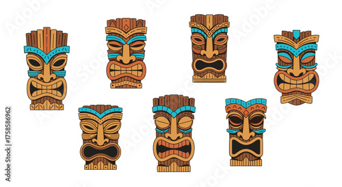 A collection of seven intricately carved wooden tiki idols with distinct facial expressions and colorful blue and brown accents on a white background.