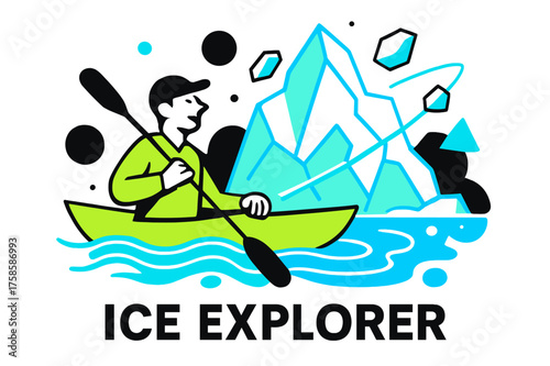 Ice Explorer Adventure. Icebergs. Character kayaking near glowing abstract iceberg with floating neon water