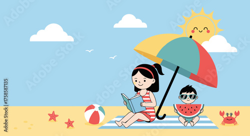 Children enjoying a sunny day at the beach reading and eating watermelon under an umbrella.