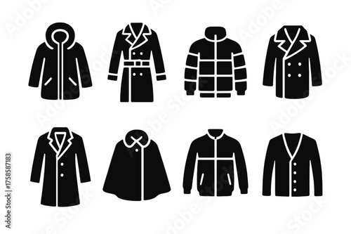Outerwear Icon Set. Outerwear Styles. Filled icon set of Outerwear Styles: parka, trench coat, puffer jacket,