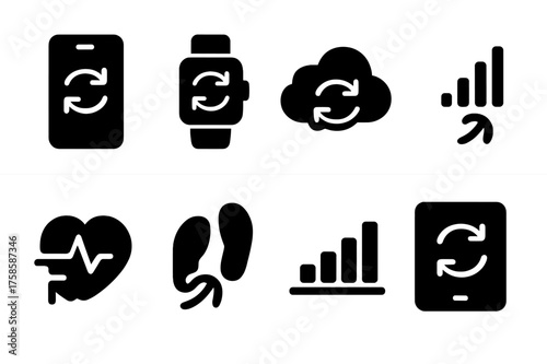 Data Sync Icons. Data Syncing. Filled icon set of Data Syncing: smartphone, smartwatch, cloud icon, wireless