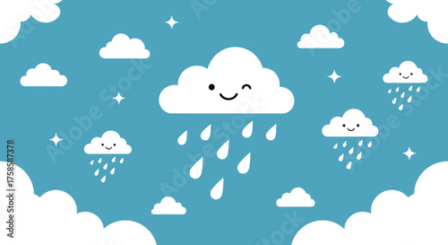 A cheerful cartoon scene of raining clouds in a bright blue sky.