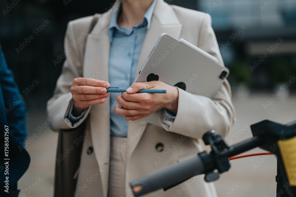 Naklejka premium Businesswoman holding a tablet and pen during a meeting in an urban setting.
