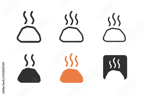 Geothermal Energy Logos. Heat radiating from rocks. Set Logo of Geothermal energy: rock with thermal lines. harmonious logo variations of the same emblematic