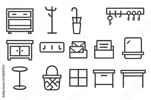 Entryway Storage Icons. Entryway storage. Line icon set of Entryway storage: shoe cabinet, coat rack, umbrella stand, key holder, bench with storage, wall