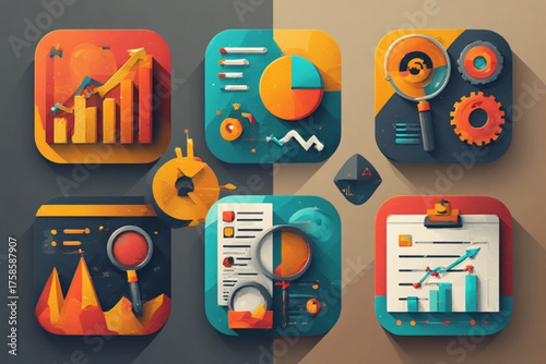 Six stylized icons depicting data analysis, charts, graphs, magnifying glass, and reports on a split background.