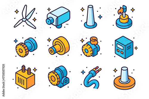 Isometric Wind Turbine Icons. Colorful isometric vector icons set of wind turbine components: rotor blades, nacelle, tower, gearbox, generator, yaw system,