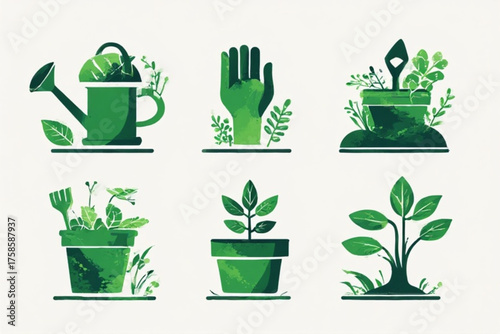 Six green illustrations showcasing gardening tools, plants, and a hand, all in a watercolor style.