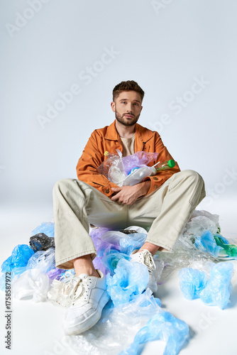 Canvas Print Young man surrounded by plastic in a thought provoking visual statement about po