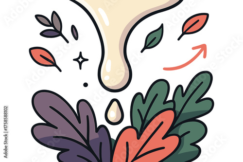 Creamy Drizzle Close-Up. Creamy drizzle close-up. Glowing dressing dripping over fresh greens, abstract floating herbs and light lines emphasizing smooth