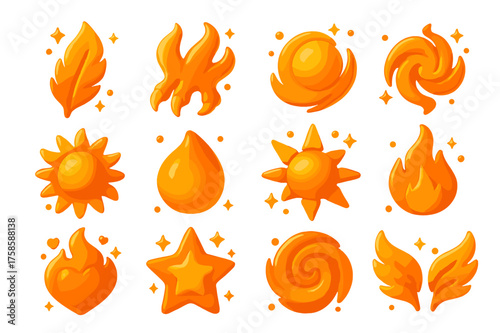 Phoenix Energy Icons. Phoenix fire energy. 3D icons set of phoenix fire energy: blazing feather, flaming talon, glowing orb, radiant flame spiral, fireburst