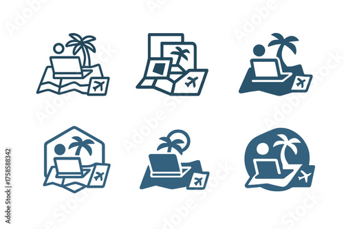 Tropical Freelancer Logos. Freelancer working from a tropical location. Set Logo of Freelancer working from a tropical location: Travel map with flight ticket