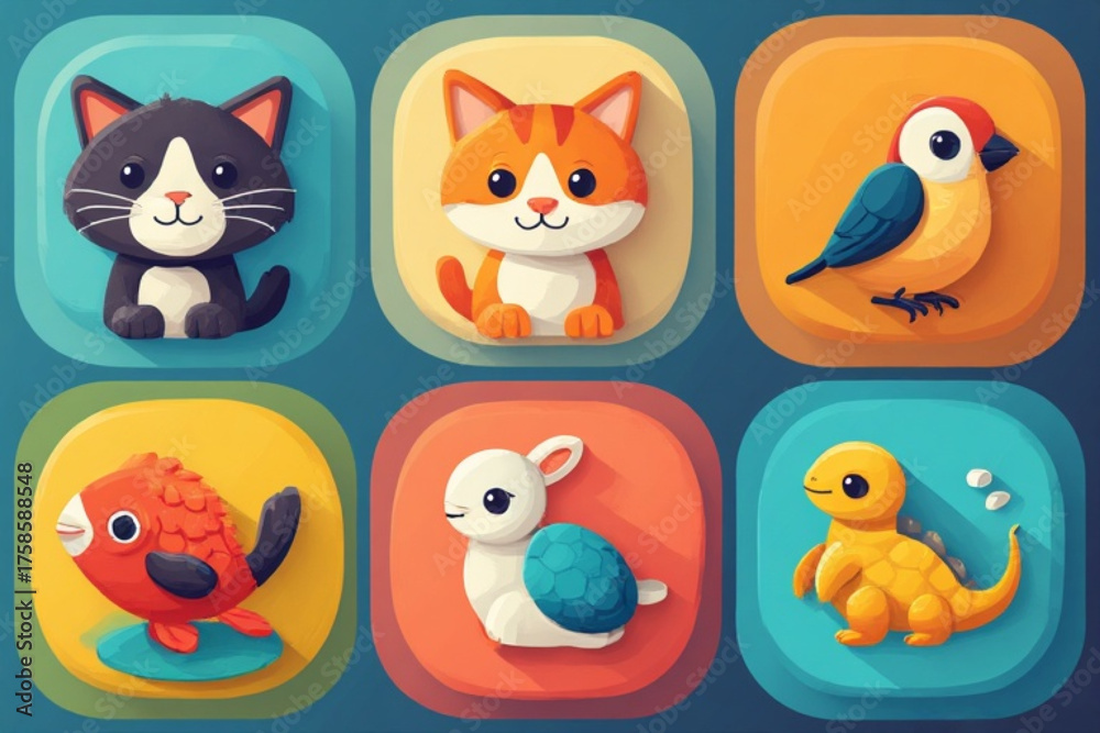 Naklejka premium Six colorful, cartoon-style illustrations of various adorable animals in square frames.