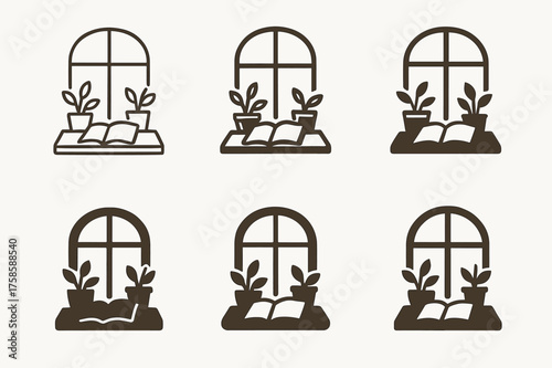 Creative Logo Variations. Artistic workspace in a cozy room. Set Logo of Artistic workspace in a cozy room: Window sill with potted plants and open sketchbook.