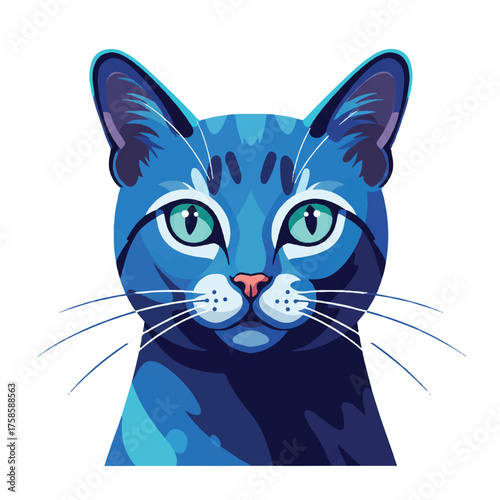 Digital illustration of a blue cat's face with green eyes and whiskers on a white background.