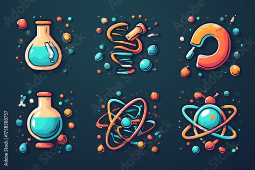 Science-themed icons featuring a flask, DNA strand, magnet, and atoms, presented in a cartoonish, colorful style against a dark background.