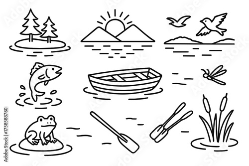 Lakeside Doodle Icons. Lakes. Hand-drawn doodle illustration lakes water reflection, small island, rowboat, oars, fish leaping, frog on rock, cattails, pine