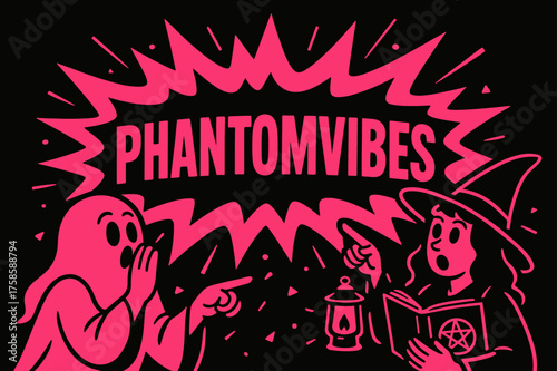 PhantomVibes Comic Banner. PhantomVibes banner, flat vector illustration, bold oversized text inside comic burst, cartoon characters whispering and pointing at