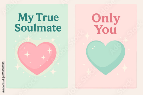 Pastel Soulmate Banners. My true soulmate. Two vertical A6 banners with safe margins, centered composition, no elements touching edges, pastel style, mint and