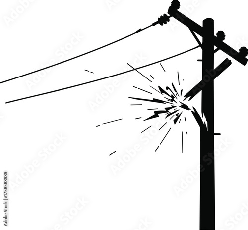 Silhouette of electric utility pole with broken power line and electrical spark burst, high voltage energy failure and damage vector illustration