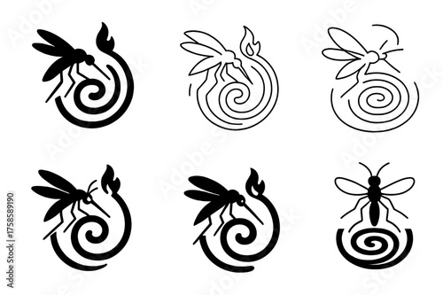 Mosquito Repellent Logos. Lighting a bug-repellent spiral. Set Logo of Lighting a bug-repellent spiral: Mosquito silhouette retreating from spiral's protective