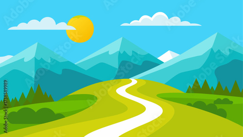 Scenic mountain landscape with a winding road leading towards the peaks under a bright sun