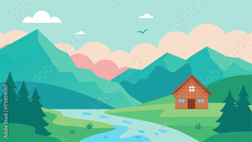 Cozy wooden cabin nestled beside a flowing river in a serene mountain landscape