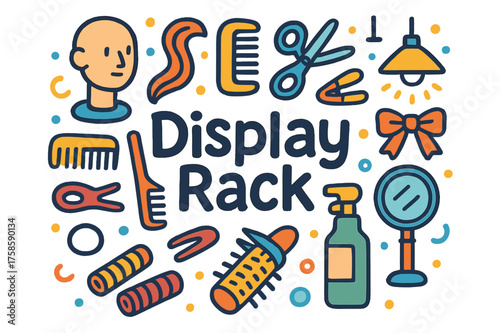 Playful Hair Display. Display Rack. Hand-drawn doodle illustration of Display Rack. mannequin head, hair