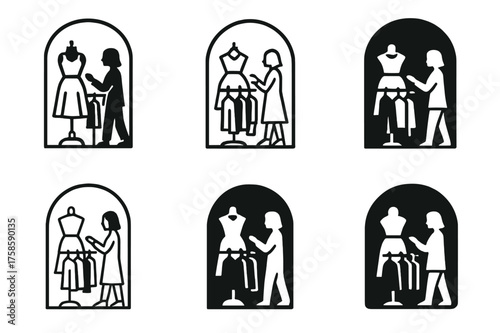 Chic Boutique Browsing. A person browsing through racks of clothes in a stylish boutique. Set Logo of A person browsing through racks of clothes in a stylish