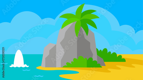 Cartoon tropical island scene with a rock and palm tree