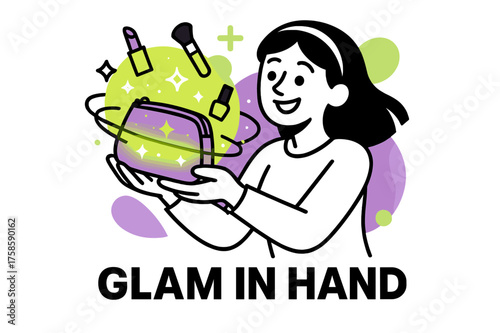 Glamorous Cosmetic Bag. Cosmetic bag. Character holding glowing cosmetic bag with orbiting neon sparkles and