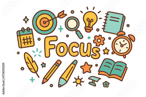 Focus Doodle Art. Focus. Hand-drawn doodle illustration of Focus. target, arrow, magnifying glass, notebook,