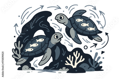 Coral Cave Turtles. Reef guardians. Two sea turtles hovering near a coral cave, glowing fish illuminating their shells. Small arrow-like currents flow around